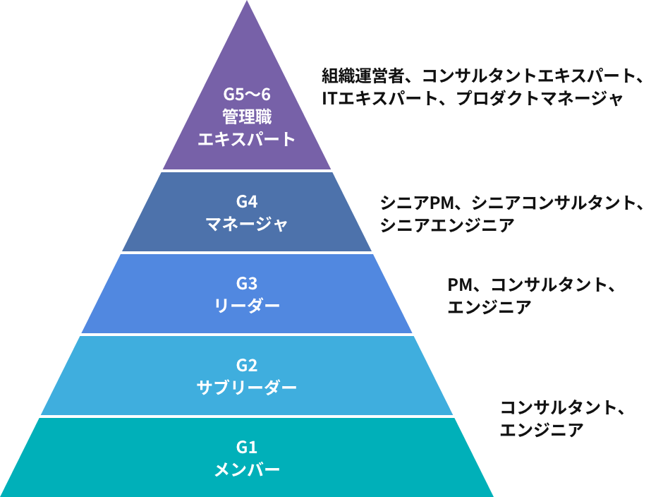 組織グレード図：G1メンバー（コンサルタント、エンジニア）からG5〜6管理職エキスパート（組織運営者、コンサルタントエキスパート、ITエキスパート、プロダクトマネージャ）までの5段階のキャリアパス